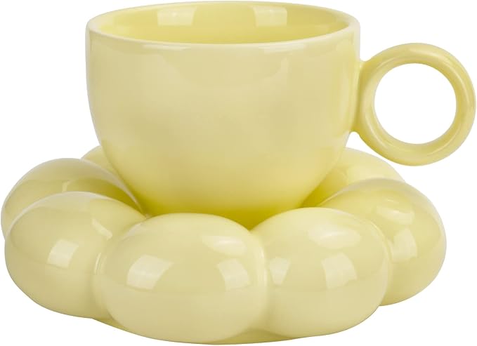Koythin Ceramic Coffee Mug with Saucer Set, Creative Cute Cup with Sunflower Coaster for Office and Home, Dishwasher and Microwave Safe, 6.5 oz/200 ml for Tea Latte Milk (Lemon Yellow)