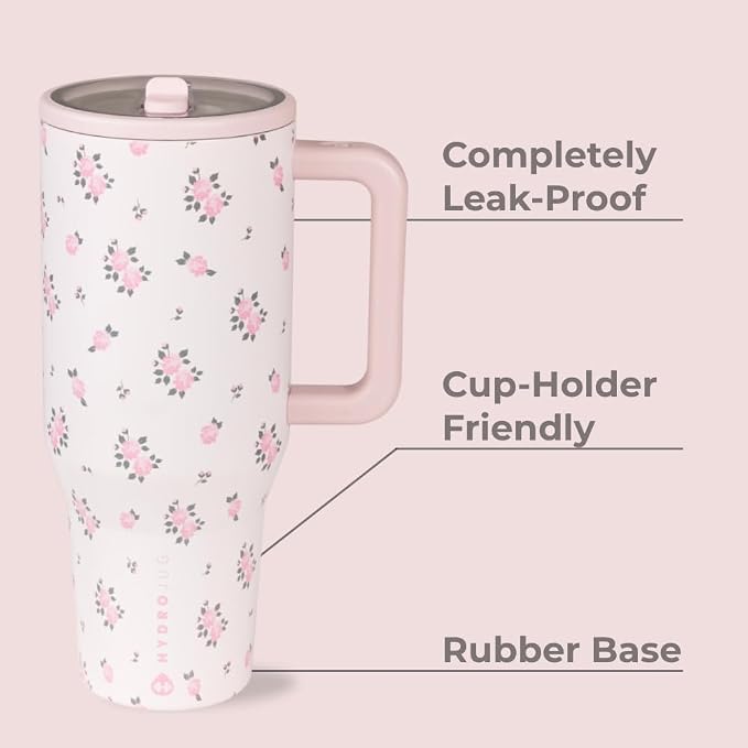 HydroJug Traveler 32oz, Insulated Tumbler with Handle & Straw, Wildrose