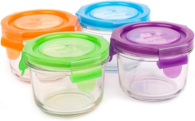 Wean Bowls Glass Food Storage Garden Pack - Pack of 4 x 5.4 oz Round containers Blue, Orange, Green, Grape