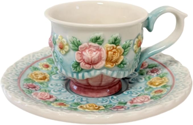 Ceramic Coffee Mug and Saucer Set for Women, Vitorian Hand-painted Rose Flower Tea Cup - 3oz(Multicolour)