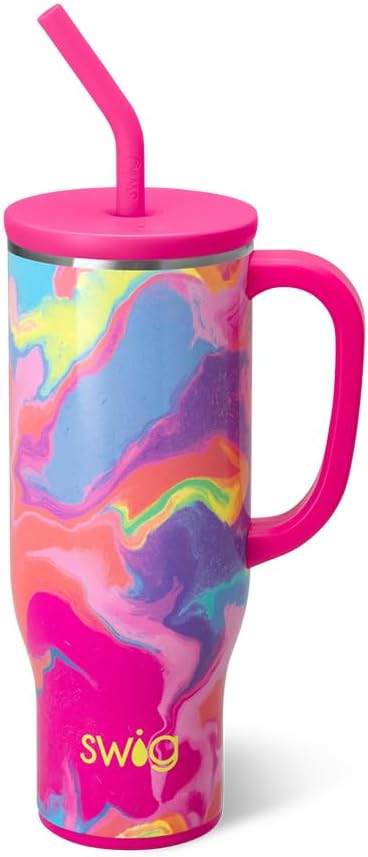 Swig Life 30oz Mega Mug, 30oz Tumbler with Handle and Straw, Large Insulated Tumblers, Cup Holder Friendly Travel Mug, Stainless Steel 30 oz Tumbler, Reusable Insulated Water Bottle (Candy Crush)