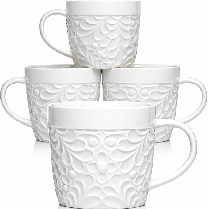 25DOL 16 oz Ceramic Coffee Mugs Set of 4 – Embossed Nature-Inspired Design, Comfortable Grip Handle – Large Latte & Tea Cups, Modern Farmhouse Style – Microwave & Dishwasher Safe