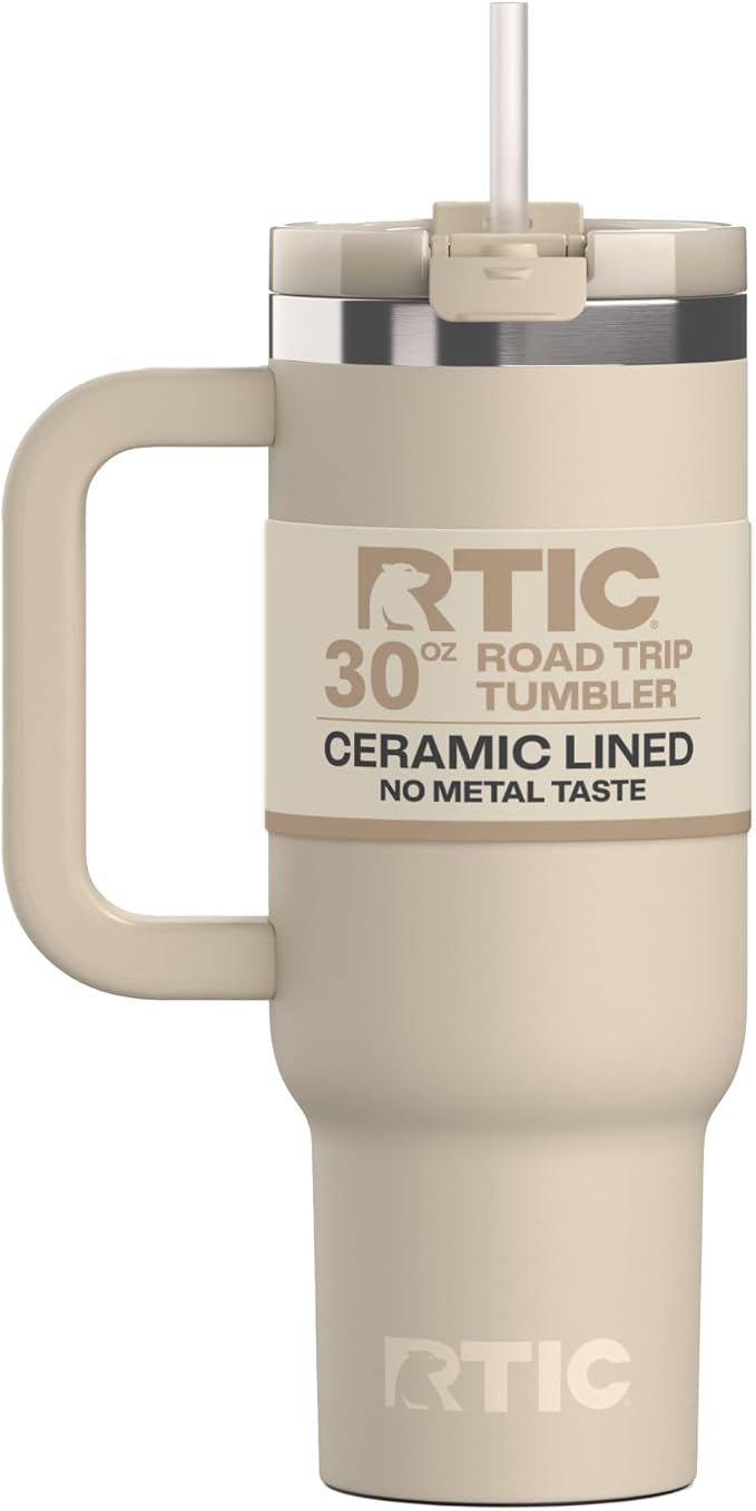 RTIC 30 oz Road Trip Tumbler Double-Walled Ceramic Lined InsulatedStainless Steel Portable Travel Coffee Mug Cup with Lid, Handle and Straw, Beach