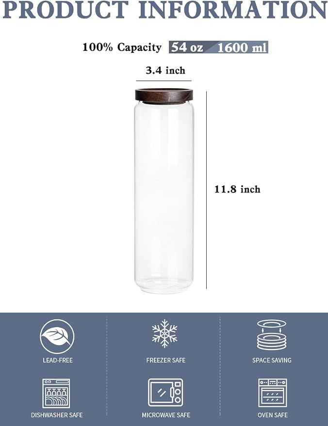 Kanwone Airtight Food Storage Containers Set of 3, 54 Ounce Glass Storage Containers with Bamboo lids, Clear Glass Canisters for Pantry, kitchen, Flour, Sugar, Tea, Coffee, Cookies, Spice and Herbs