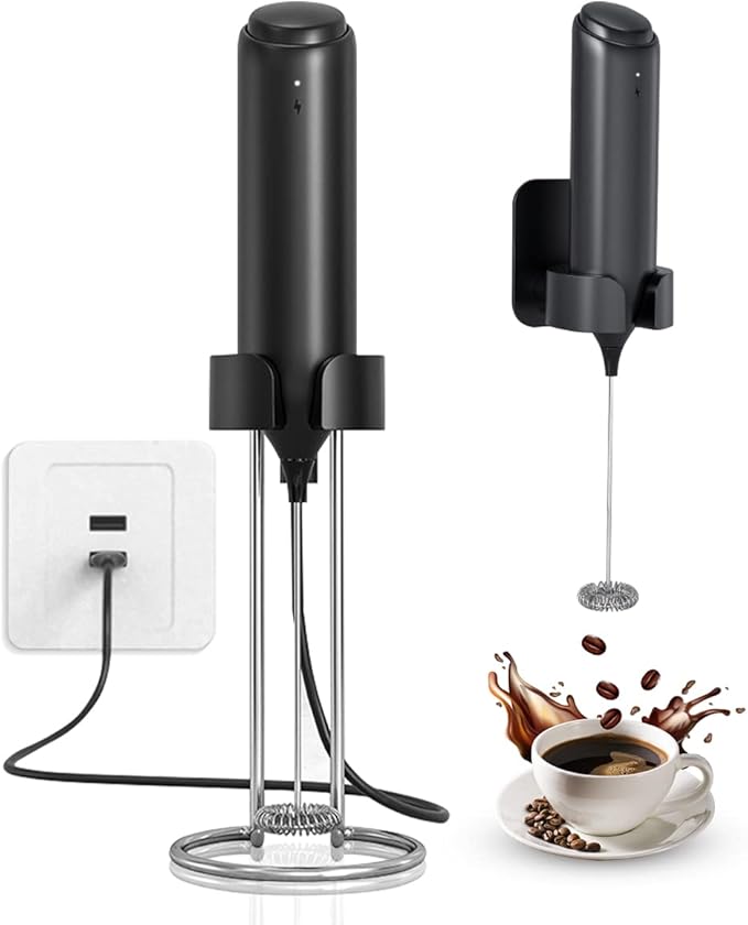 Electric Milk Frother Handheld, USB Rechargeable Coffee And Milk Electric Beater With Holder - Wall-mounted Or Holder Storage Portable Beverage Mixer