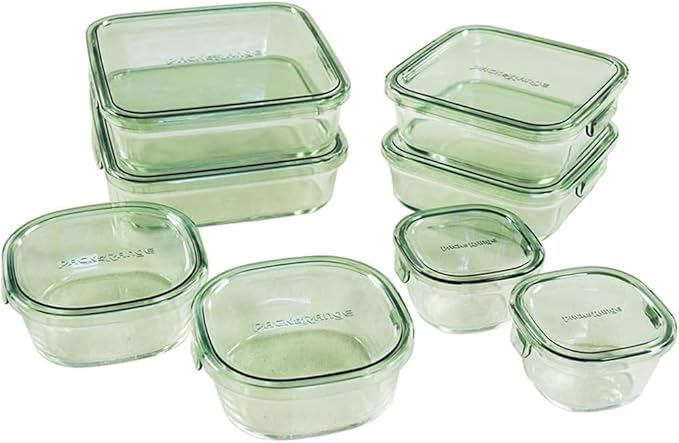 iwaki PS-PRN-8G Heat-resistant Glass Storage Containers, Green, Square Shape, Set of 8, Pack & Range