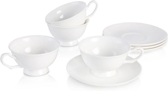 Fine Bone China Espresso Cups and Saucers Set of 4, 5 Oz Classic White Tea Cup Set for Coffee, Cappuccino, Latte, Afternoon Tea, Wedding, Festival Gift