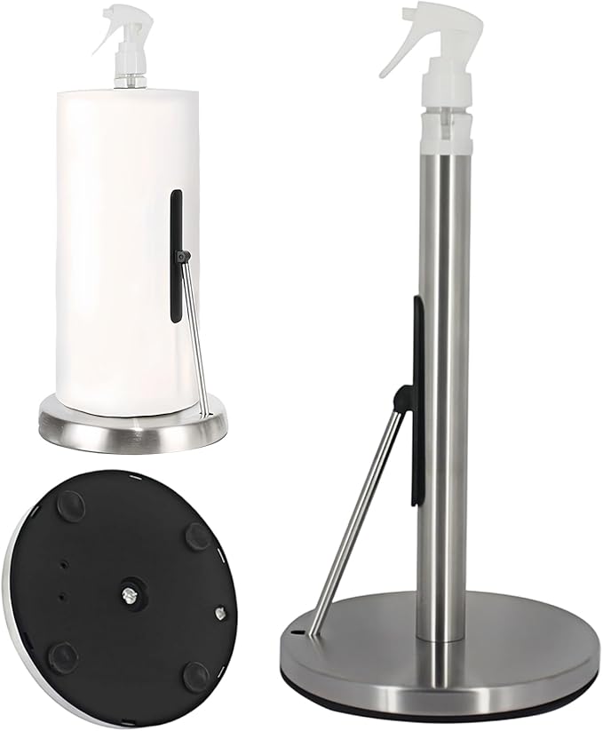 Paper Towel Holder with Spray Bottle,Heavy-Duty Countertop Kitchen Paper Towel Holder,Stainless Steel One-Handed Tear Kitchen Towel Dispenser for Countertop (Silver)