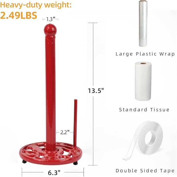 Red Cast Iron Paper Towel Holder for Kitchen Countertop - Vintage Freestanding Stand with Heavy Weighted Base, Retro Farmhouse Decor, Fits Jumbo Rolls, Easy One-Handed Tear