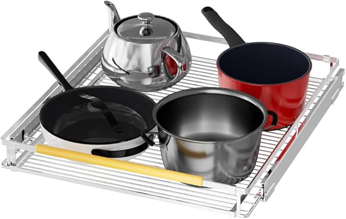 SANNO Slide Out Cabinet Drawer, Expandable Pull Out Cabinet Organizer,Bottom-Mounted Shelf for Kitchen Cabinet or Under Sink,Stainless Steel,Expandable Width 14.16" to 24.16"