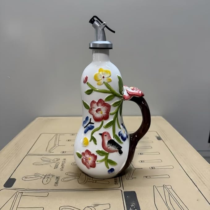 18.26oz/540ml Decorative Olive Oil Dispenser Bottle for Kitchen,Hand Painted Relief Ceramic Olive Oil Bottle,Ceramic Oil Container (Handmade Flowers)