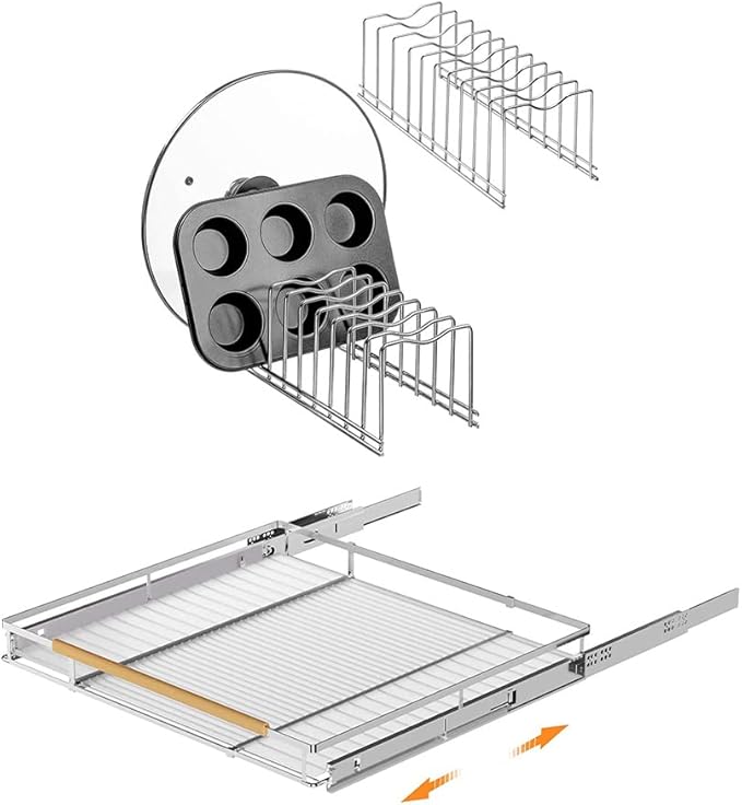 SANNO Pot Lid Organizer Pot Lid Rack Holder Suitable for Bakeware Dish Plate Expandable Pull Out Drawer Organizer and Storage, Cabinet Pots Pans Organizer Sliding Shelf Under Sink Shelf