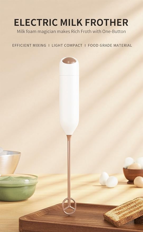 Electric Milk Frother, Handheld Milk Foam Maker with 1W High-Torque Motor, White, Food Grade Material, One-Button Operation, for Coffee Drinks and Baby Food