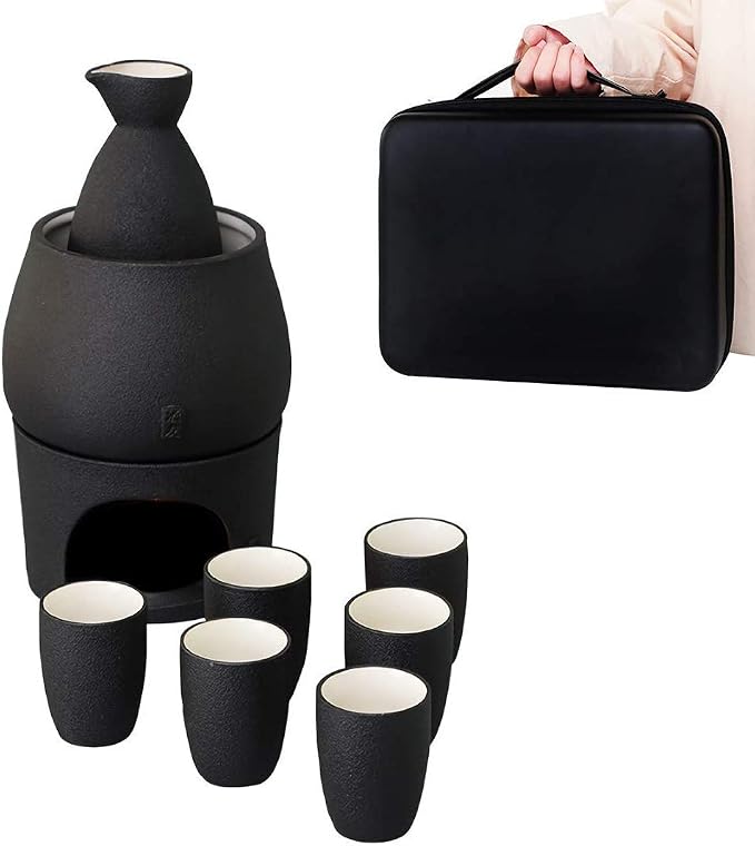 Ceramic Sake Set Cups with Warmer + Sake Saki Drink Storage Box, Porcelain Pottery Hot Cold Saki Drink, 9pcs include 1 Stove 1 Warming Bowl 1 Sake Bottle 6 Cup