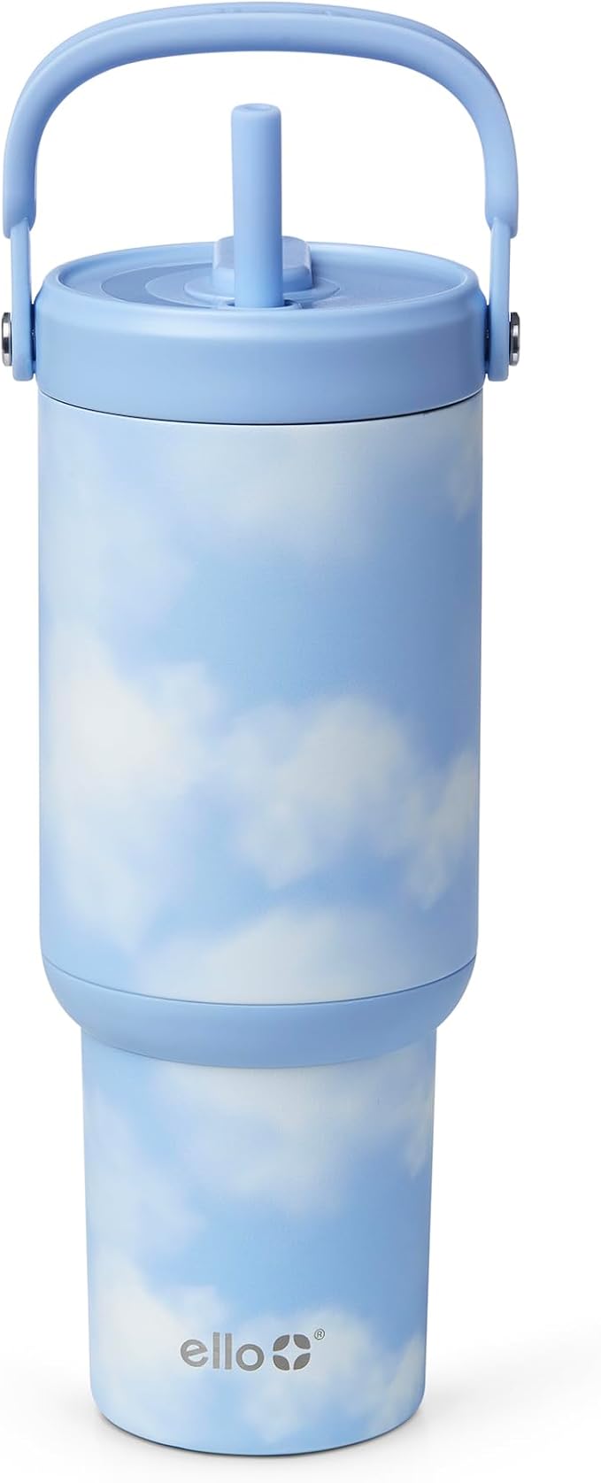 Ello Oasis Go+ 26oz Tumbler with Top Handle and Retracting Straw | Reusable Insulated Stainless Steel Cup, 100% Leakproof Water Bottle, 24 Hours Cold, Cup Holder Friendly For Travel | In The Clouds