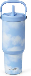 Ello Oasis Go+ 26oz Tumbler with Top Handle and Retracting Straw | Reusable Insulated Stainless Steel Cup, 100% Leakproof Water Bottle, 24 Hours Cold, Cup Holder Friendly For Travel | In The Clouds