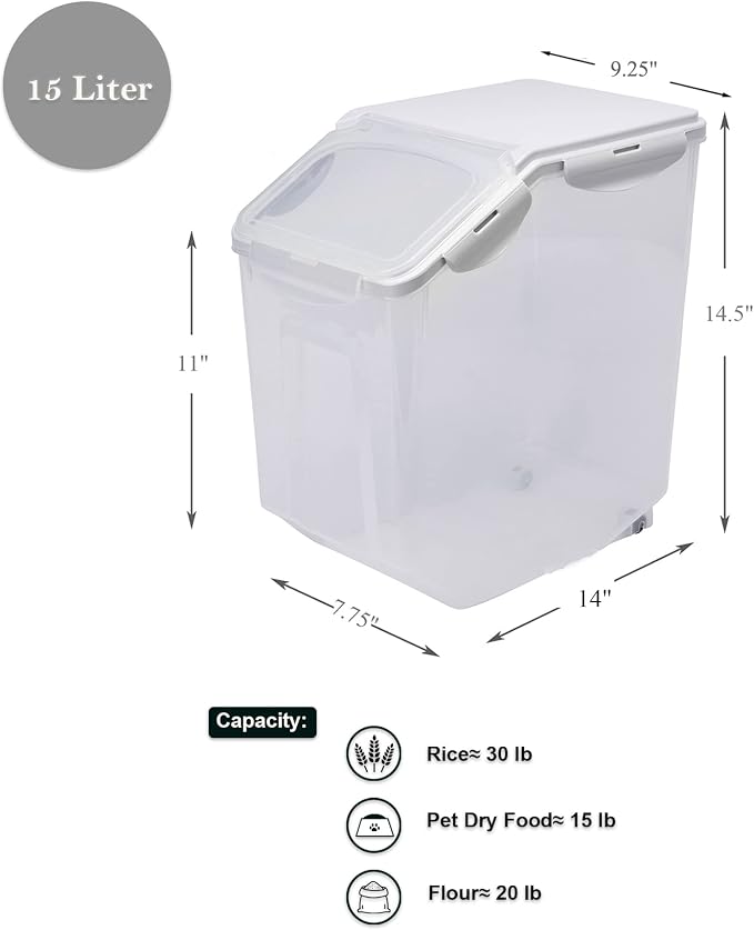 HANAMYA 15 Liter / 30 lbs Rice Storage Container with Measuring Cup, BPA free, For Rice | Grain | Pet Food | Flour, 1 count, Clear