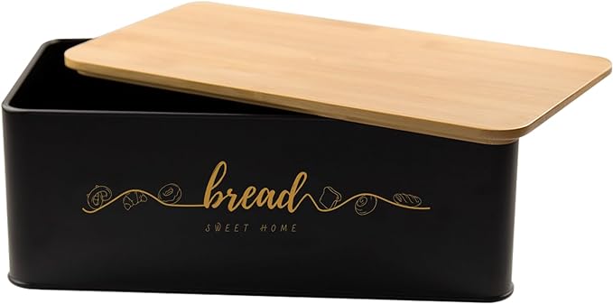 Bread Box with Bamboo Cutting Board Lid, Metal Bread Box for Kitchen Counter, Small Bread Storage Container, Black Bread bin for Kitchen Countertop