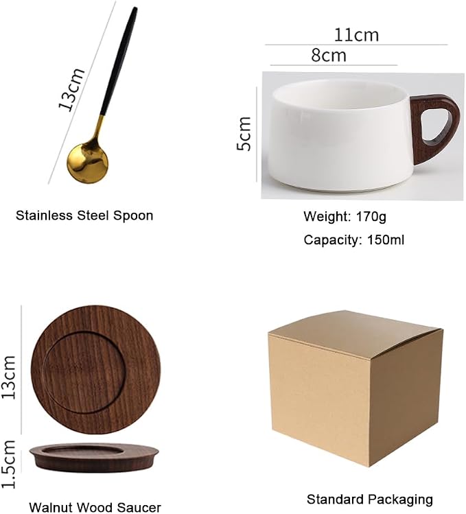 5oz/150ml Cappuccino Cup and Saucer Set, White Porcelain Cup with Walnut Wood Saucer, Espresso Coffee Mug, set of 1 (SYJ-TC001)