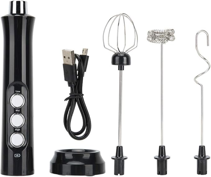 Electric Milk Frother, Handheld Automatic Egg Beater, USB Rechargeable Milk Shaker with 3 Speed Settings, 1200mAh Battery, Includes 3 Mixing Heads for Coffee, Milk, Cocktails, Smoo