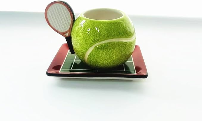 Ceramic Coffee Mug and Saucer set, 3D Handmade and Hand-painted Tennis and Tennis Court Design Tea Mug, 250ml(8.45oz)