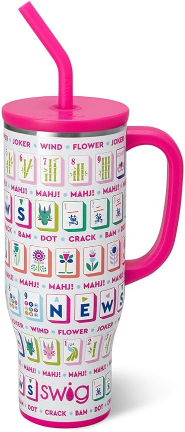 Swig Life 30oz Mega Mug, 30oz Tumbler with Handle and Straw, Large Insulated Tumblers, Cup Holder Friendly Travel Mug, Stainless Steel 30 oz Tumbler, Reusable Insulated Water Bottle (Mahjong)