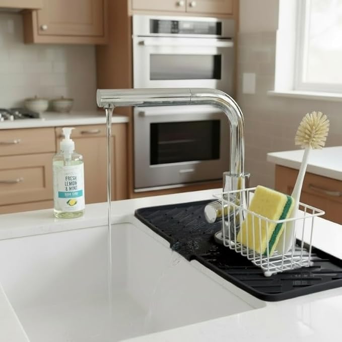 2 Pieces kitchen faucet mat as soap and sponge tray and silicone dish drying mats for kitchen counter, heat resistant mats for countertop, kitchen sink faucet organizer (black)
