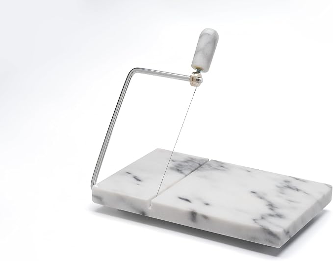 Marble Cheese Slicer for Block Cheese, 5" x 8" White Marble Cheese Board and Cutter with 2 Replacement Stainless Steel Wires, Heavy Duty Cheese Slicer Kit for Home Kitchen and Charcuterie