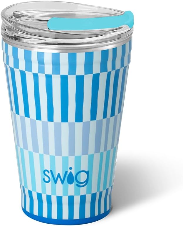 Swig Life 18oz Party Cup, Stackable Insulated Travel Coffee Tumbler with EZ Slider Lid, Cup Holder Friendly, Stainless Steel 18 oz Tumbler, Reusable Coffee Mug (Glacier Stripe)