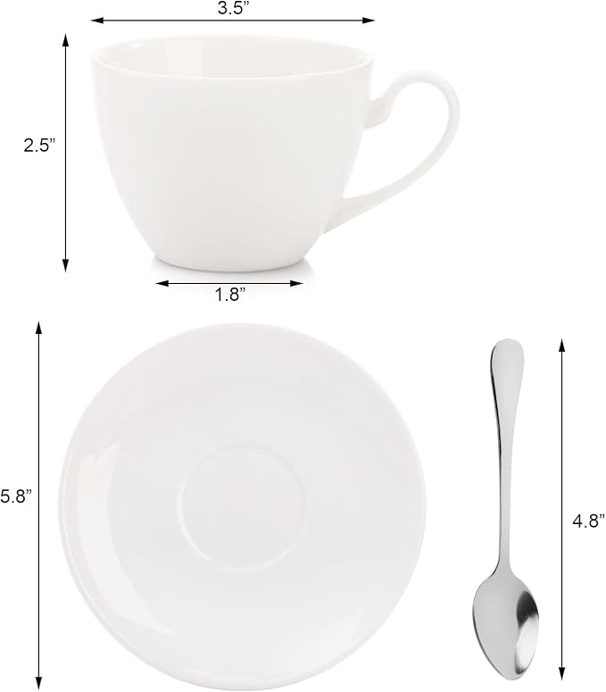 Foraineam Espresso Cups with Saucers and Spoons, 6 oz White Tea Cup Set, Porcelain Coffee Cup and Saucer Set with Stainless Steel Spoon for Specialty Coffee Drinks, Latte, Cafe Mocha and Tea, Set of 6