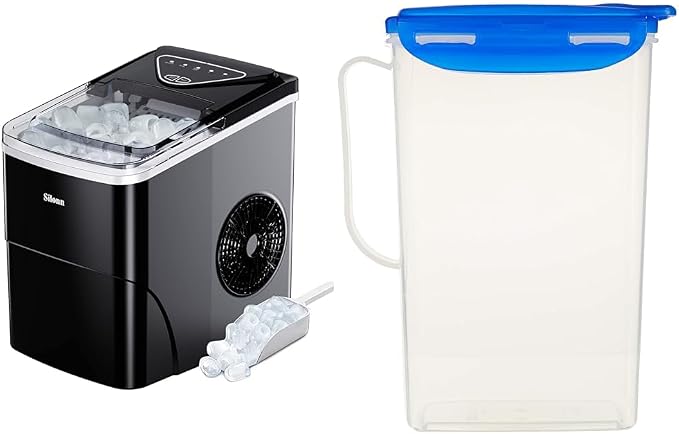 Silonn Ice Maker Countertop with LocknLock Aqua Fridge Door Water Jug, 9 Cubes in 6 Mins, 26lbs Ice in 24Hrs, 2 QT Pitcher