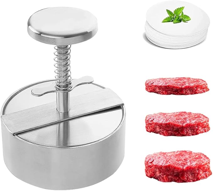 Adjustable Burger Press Stainless Steel Hamburger Patty Maker Non Stick Burger Maker Smash Burger Mold for Veggie Meat Beef Pork Lamb Cheese Halal BBQ Barbecue Grill - with 100 Wax Paper