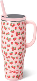 Swig Life 40oz Mega Mug, 40oz Tumbler with Handle and Straw, Extra Large Insulated Tumblers, Cup Holder Friendly Travel Mug (Strawberry Shortcake)
