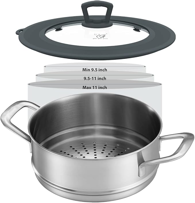 Set of 2 Vented Tempered Glass Universal Lid for Pot Pan Skillet with Heat Resistant Silicone Microwave Safe Splatter Lid Cover Fit 8” 8.5” 9“ and 9.5“ 10” 10.5“ 11”, Grey