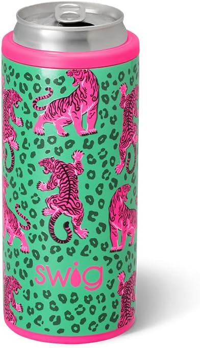 Swig Life Skinny Can Cooler, 12oz Insulated Slim Can Holder, Stainless Steel Cans Cooler, Covers for Tall Beer Bottles, Beach Accessories for Women (Easy Tiger)