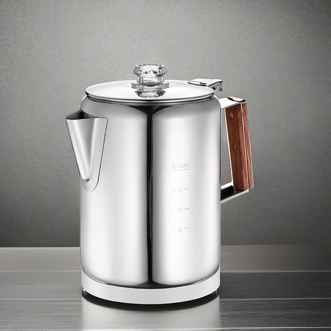 Eurolux Percolator Coffee Maker Pot - 12 Cups | Durable Stainless Steel Material | Brew Coffee On Fire, Grill or Stovetop | No Electricity, No Bad Plastic Taste | Ideal for Home, Camping & Travel