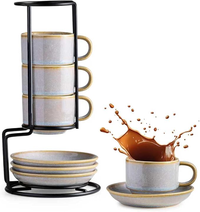 Gomakren 2.5 Ounce Espresso Cups Set of 4, Small Stackable Coffee Cups with Saucers and Metal Stand Father's Day Porcelain Demitasse Cups for Specialty Coffee Drinks, Espresso, Cappuccino, Latte, Gray