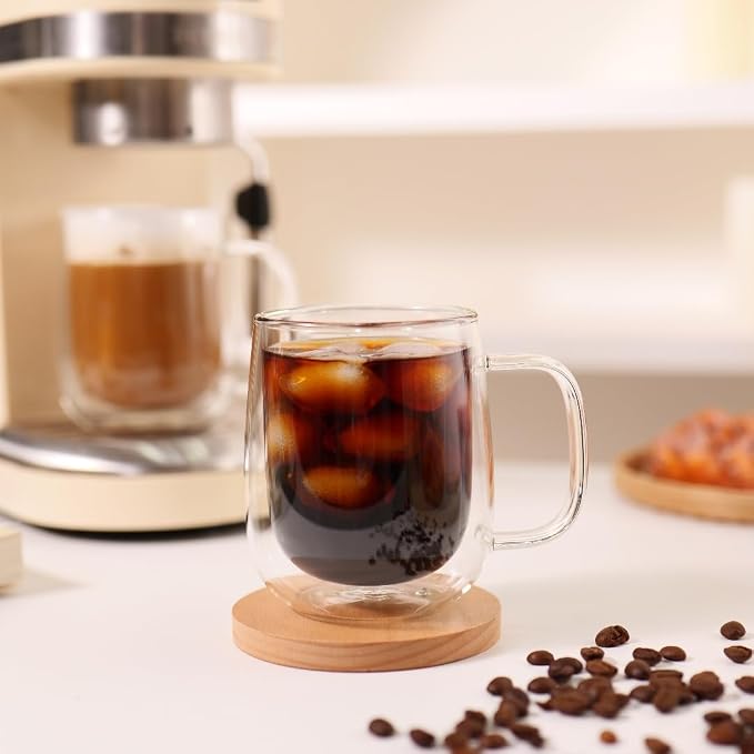 CNGLASS Large Double Wall Glass Coffee Mug 15.2oz,Clear Insulated Glass Espresso Cup with Big Handle,set of 2