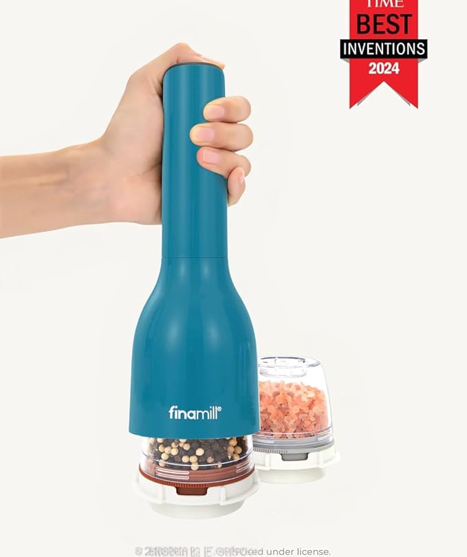 FinaMill Classic Battery Spice Mill – Battery Operated Salt and Pepper Grinder Set, Includes 2 Interchangeable Spice Pods, Adjustable Coarseness, Ceramic Grinder, LED Light, Home and Kitchen Gift Set