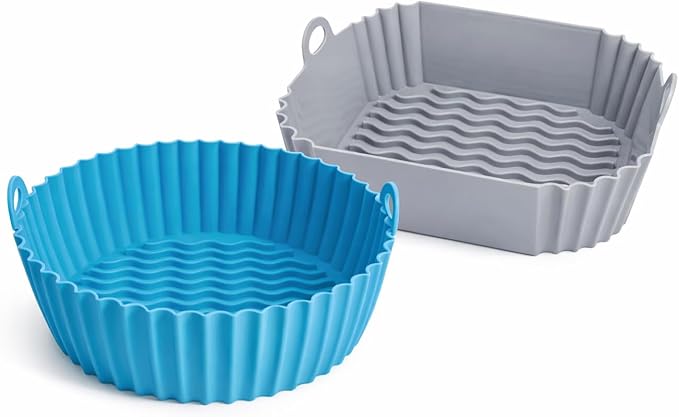 Silicone Air Fryer Liners by Lavang Creations – 4-Piece Reusable Air Fryer Accessory Set with 2 Liners (Round & Square), Tong & Brush, Fits Most 4–7 QT Air Fryers (Blue & Gray)