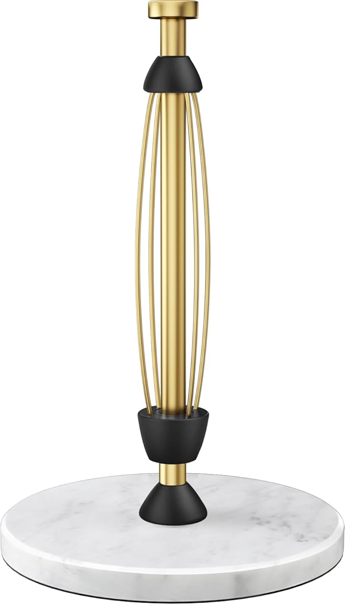 Paper Towel Holder Countertop, Marble Weighted Base, Warm Gold, One-Handed Tear, Freestanding Paper Towel Stand Rack with Ratchet Mechanism for Kitchen Bathroom Essential Decor Accessories