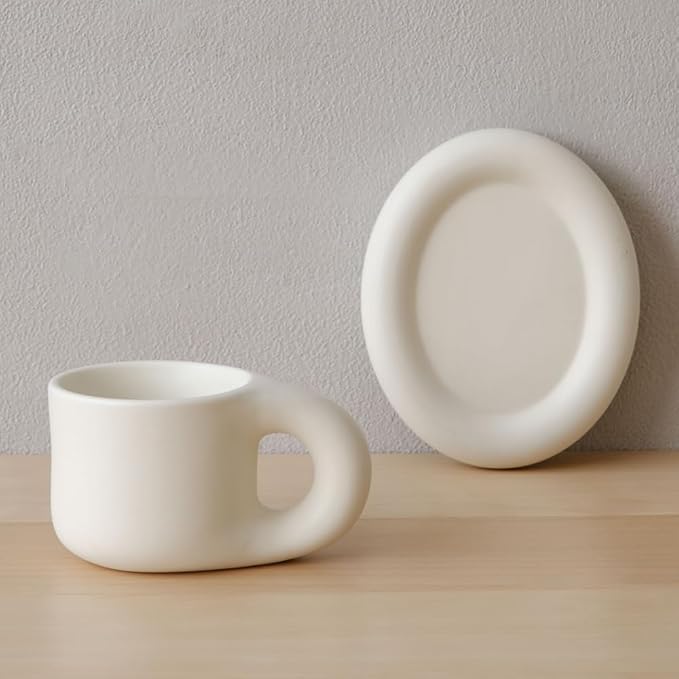 WENSHUO Chubby Funny Coffee Mug, Novelty Cute Cup and Saucer, Matte Crème, 9 oz (Matte Crème)