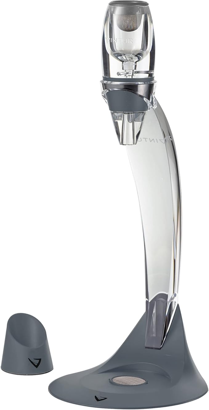 Vinturi Deluxe Essential Pourer and Decanter Tower Stand Easily and Conveniently Aerates by the Bottle or Glass and Enhances Flavors with Smoother Finish, Gray, Red Wine Set