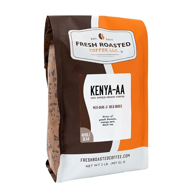 Fresh Roasted Coffee, Kenya AA Whole Bean Coffee, Med-Dark Roast, Kosher, 2 lb (32 oz)