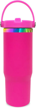 30 oz Tumbler with Handle and Straw, Vacuum Insulated Tumblers with Flip Straw and Top Handle, Leakproof Powder Coated Tumbler, Stainless Steel Travel Mug for Coffee Water (Rosy)