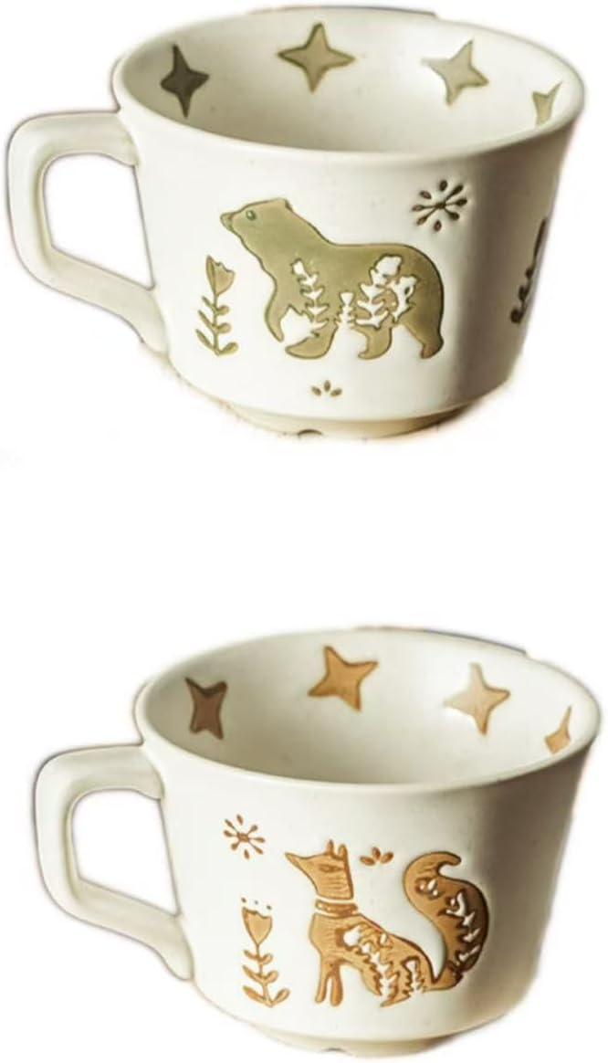 12OZ Stackable Coffee Mugs,Vintage Ceramic Coffee Mugs With Animal patterns for Man,Woman,Dad,Mom, Modern Coffee Mugs Set of 4 for Latte,Cappuccino,Cocoa. Dishwasher&Microwave Safe(golden)