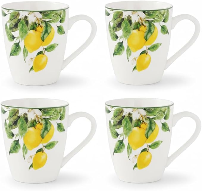 Lorren Home Trends Bone China Lemon Print Coffee Mug Set of 4, 12 Oz, Microwave and Dishwasher Safe (YELLOW)