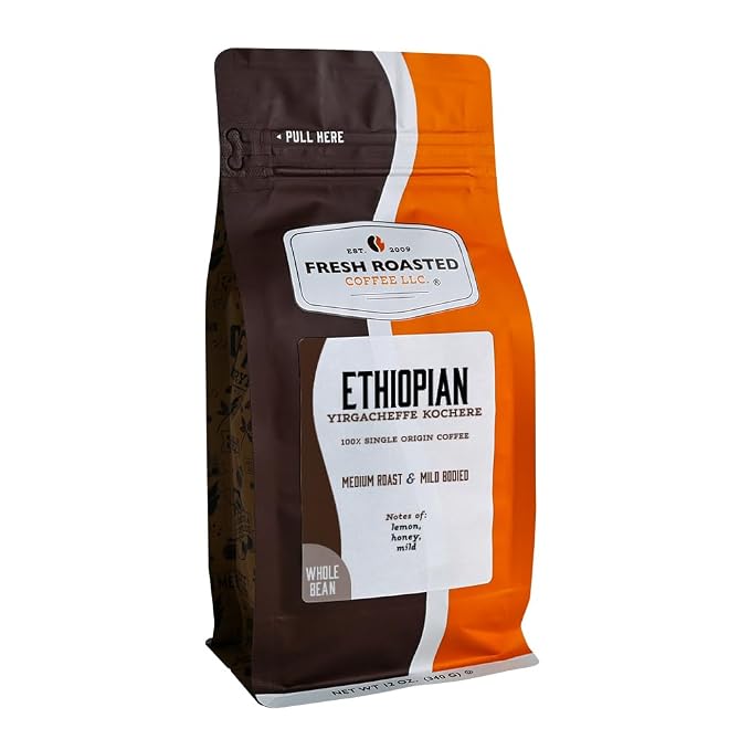 Fresh Roasted Coffee, Ethiopian Yirgacheffe Kochere Whole Bean Coffee, Medium Roast, Kosher, 12 oz
