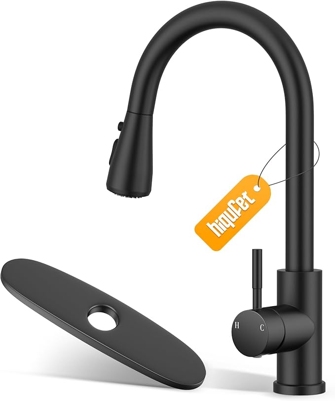 Hiqufet Kitchen Sink Faucet with Pull Down Sprayer with Deck Plate, 1 or 3 Holes High Arc Faucet, Stainless Steel Modern Bar Sink Faucets for Pot Filler, Farmhouse Laundry, RV Bathroom (Black)