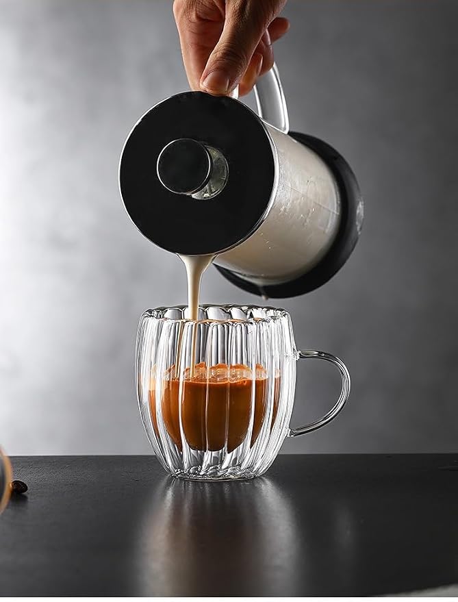 Double Wall Glass Coffee Mugs, 8.5oz/260ml, Clear, 2 Pack | Pumpkin Shaped Tumblers With Saucer and Spoon, For Cappuccino, Latte, Hot and Cold Drinks